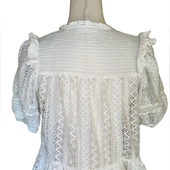 Mango MNG White Eyelet Lace Smocked Ruffle Tie Front Tassel Cropped Blouse - XS - Picture 7 of 9